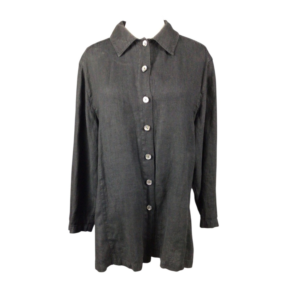 Vintage Sunbelt Black Button-Front Linen Tunic Top Medium Cottagecore